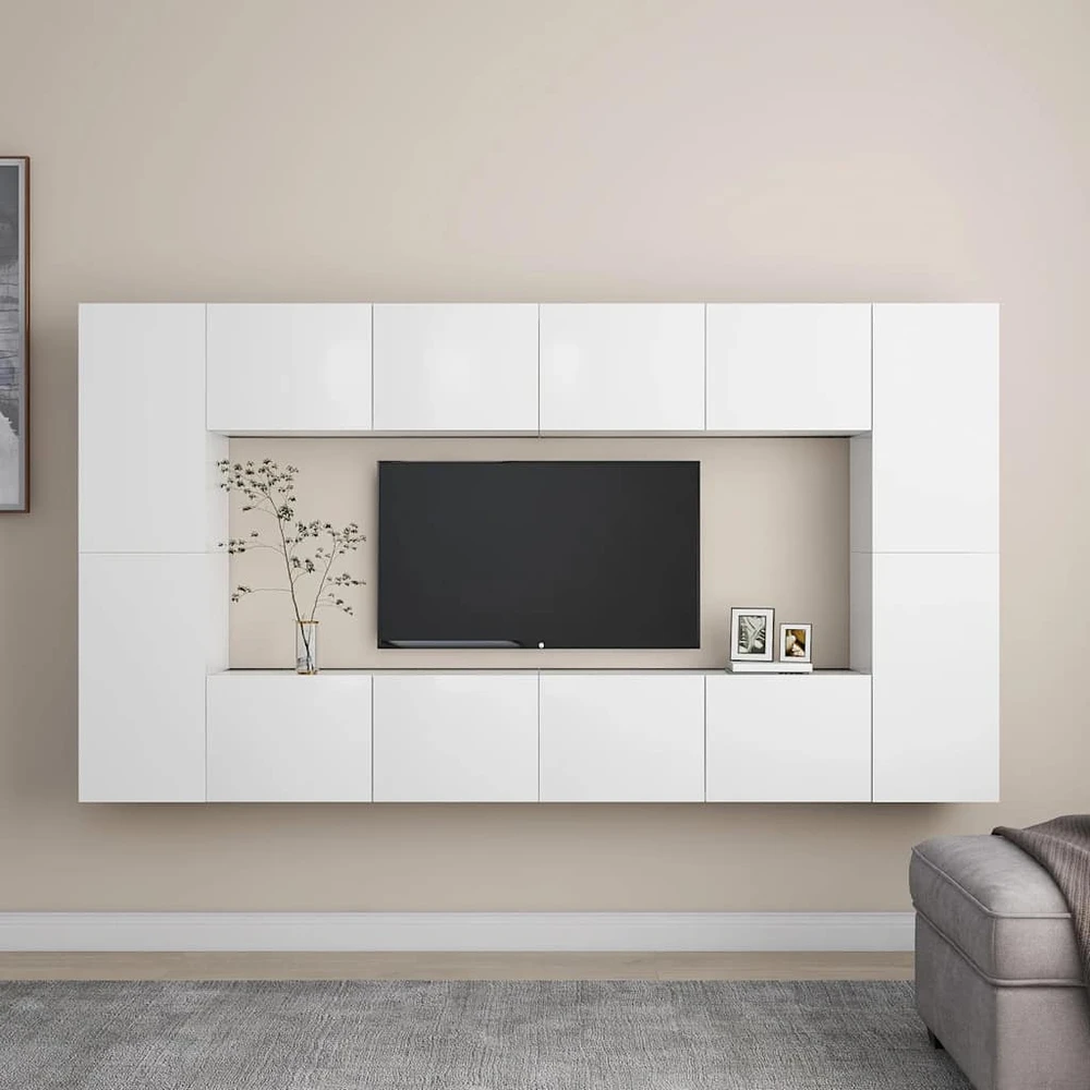 TV staliukas Televizoriaus spintelių komplektas, 8 dalių, baltas, mediena