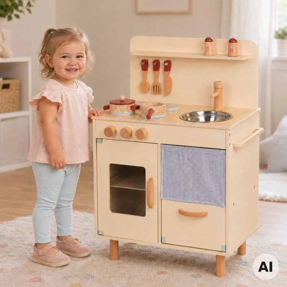 Tooky Toys TOOKY TOY medinė smėlio spalvos virtuvė su priedais