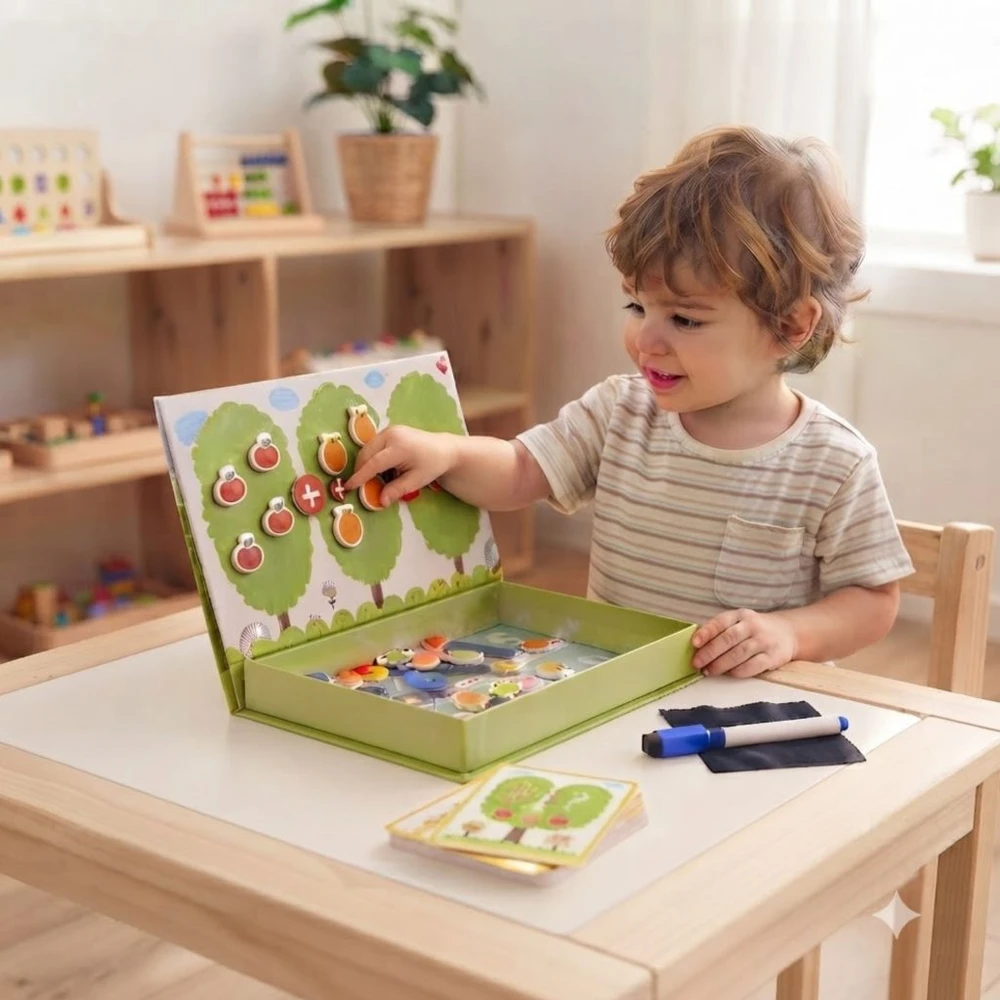 Tooky Toys Paėmęs žaislinis medinis magnetinis žaidimas Montessori galvosūkis vaikams, mokantis suskaičiuoti vaisius 81 el.