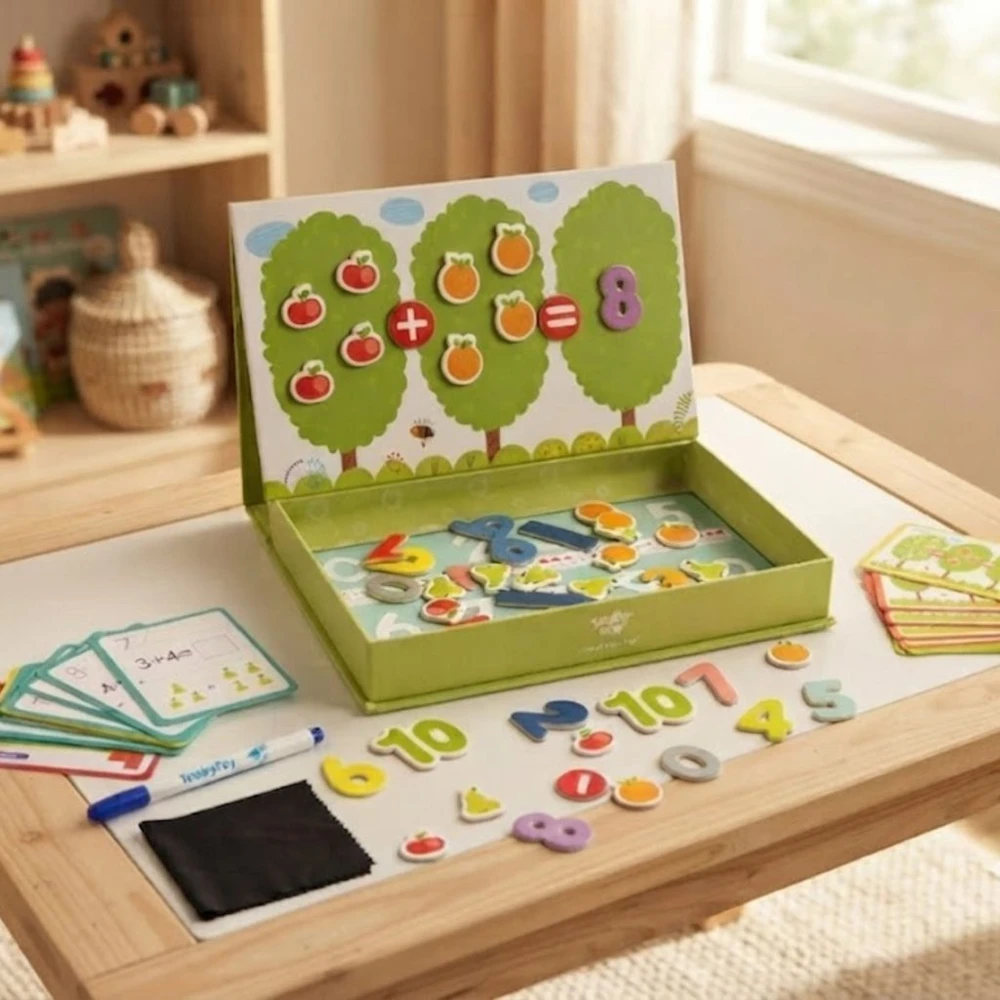 Tooky Toys Paėmęs žaislinis medinis magnetinis žaidimas Montessori galvosūkis vaikams, mokantis suskaičiuoti vaisius 81 el.