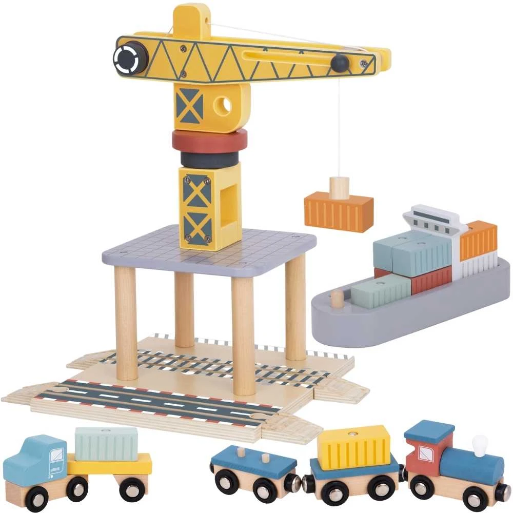 Tooky Toys TOOKY TOY medinis uosto kranas su transporto priemonėmis