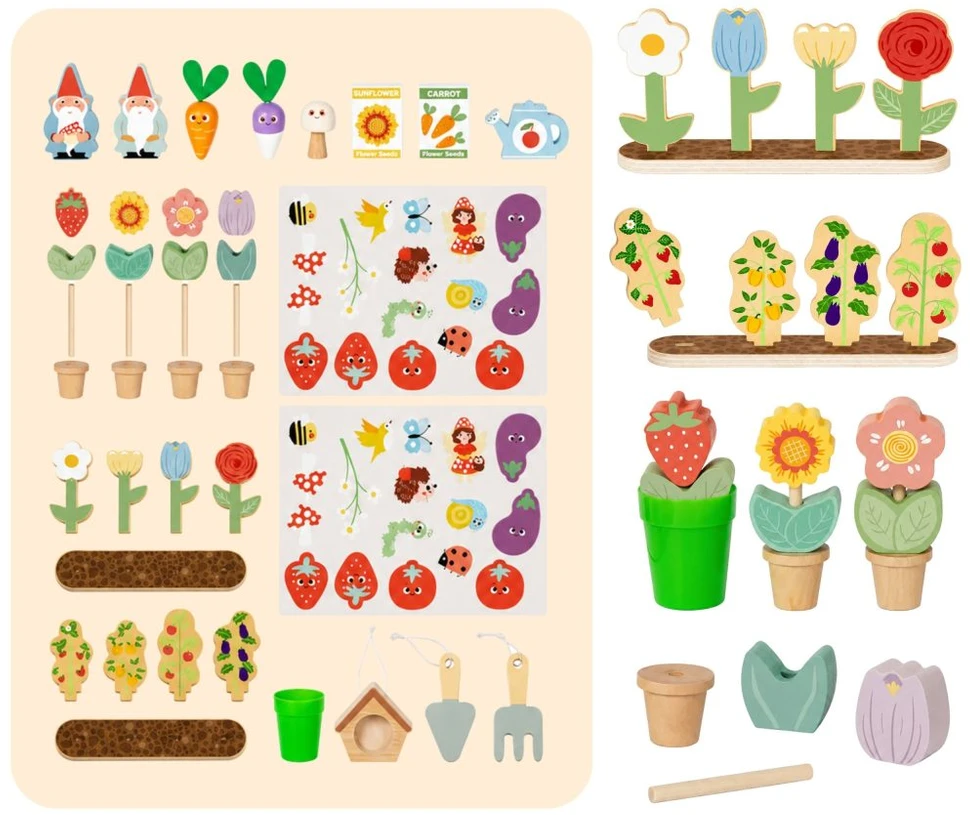 Tooky Toys TOOKY TOY Montessori medinis sodo vežimėlis 57 vnt.