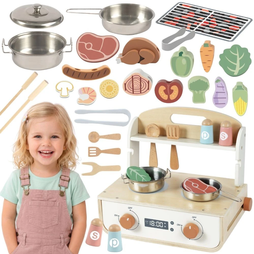 Tooky Toys TOOKY TOY Žaislinė medinė virtuvėlė su kepsnine ir priedais