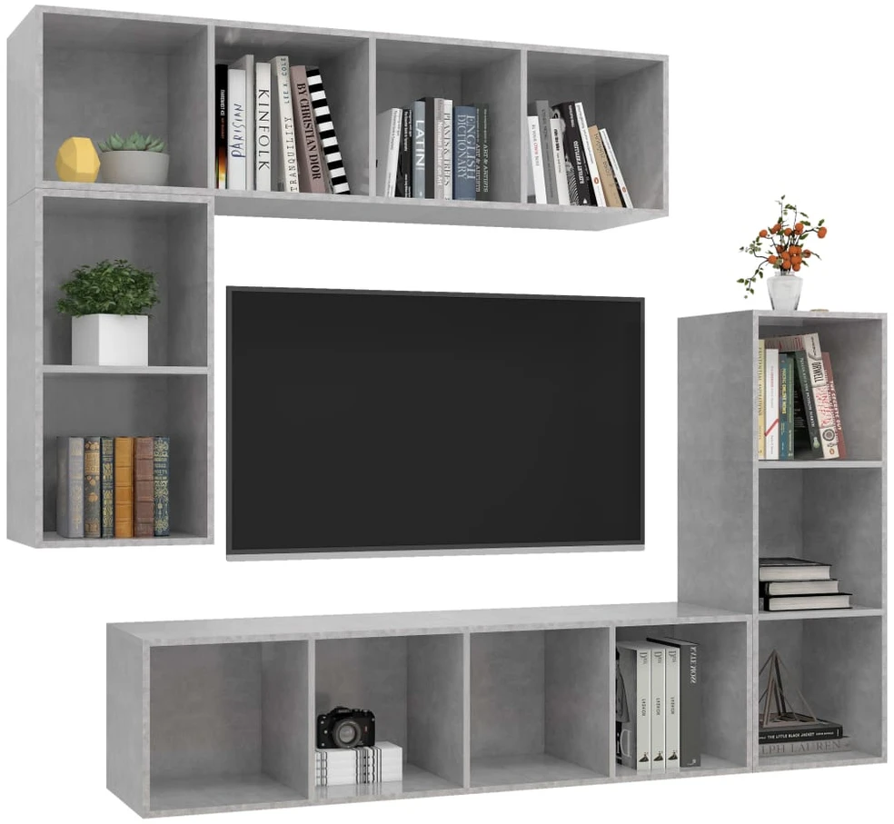TV staliukas TV spintelių komplektas, 4 dalių, betono pilkas, mediena