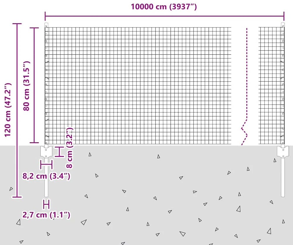 Suvirintas vielos tvora su stulpeliais 100 x 0,8 m Pilka