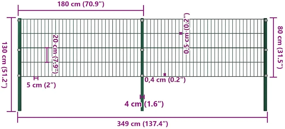 Tvoros segmentai su stulpais, žalios sp., 3,4x0,8m, geležis