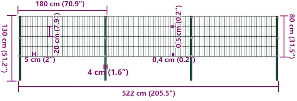 Tvoros segmentai su stulpais, žalios sp., 5,1x0,8m, geležis