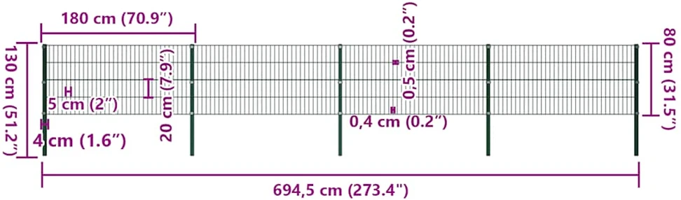 Tvoros segmentai su stulpais, žalios sp., 6,8x0,8m, geležis