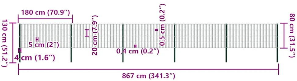Tvoros segmentai su stulpais, žalios sp., 8,5x0,8m, geležis