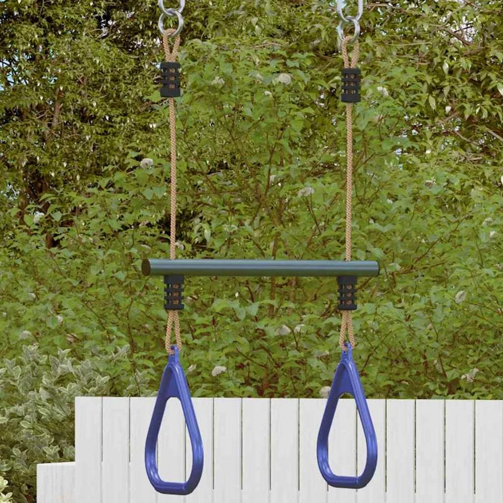 Vaikiška trapecijos juosta su gimnastikos žiedais, mėlyna/žalia