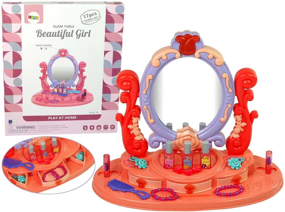 Lean Toys Kosmetinis staliukas su veidrodžiu, raudonas