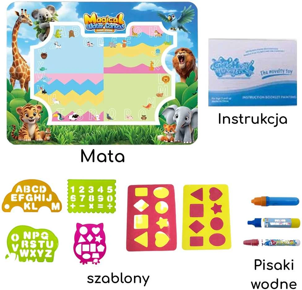 Vandens piešimo kilimėlis su raidėmis ir skaičiais Woopie Safari
