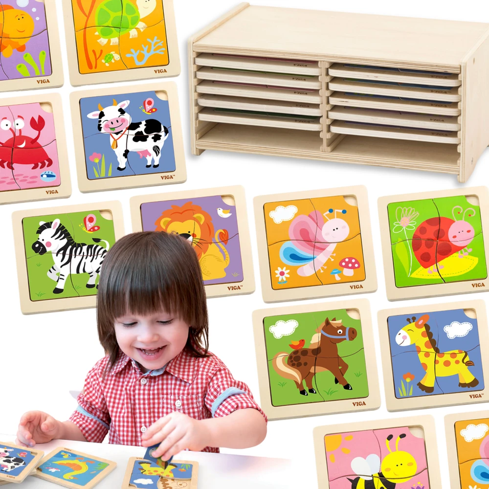Dėlionė Viga Toys Mediniai galvosūkiai 12 lentų 4 galvosūkiai „Viga“ žaislų stende