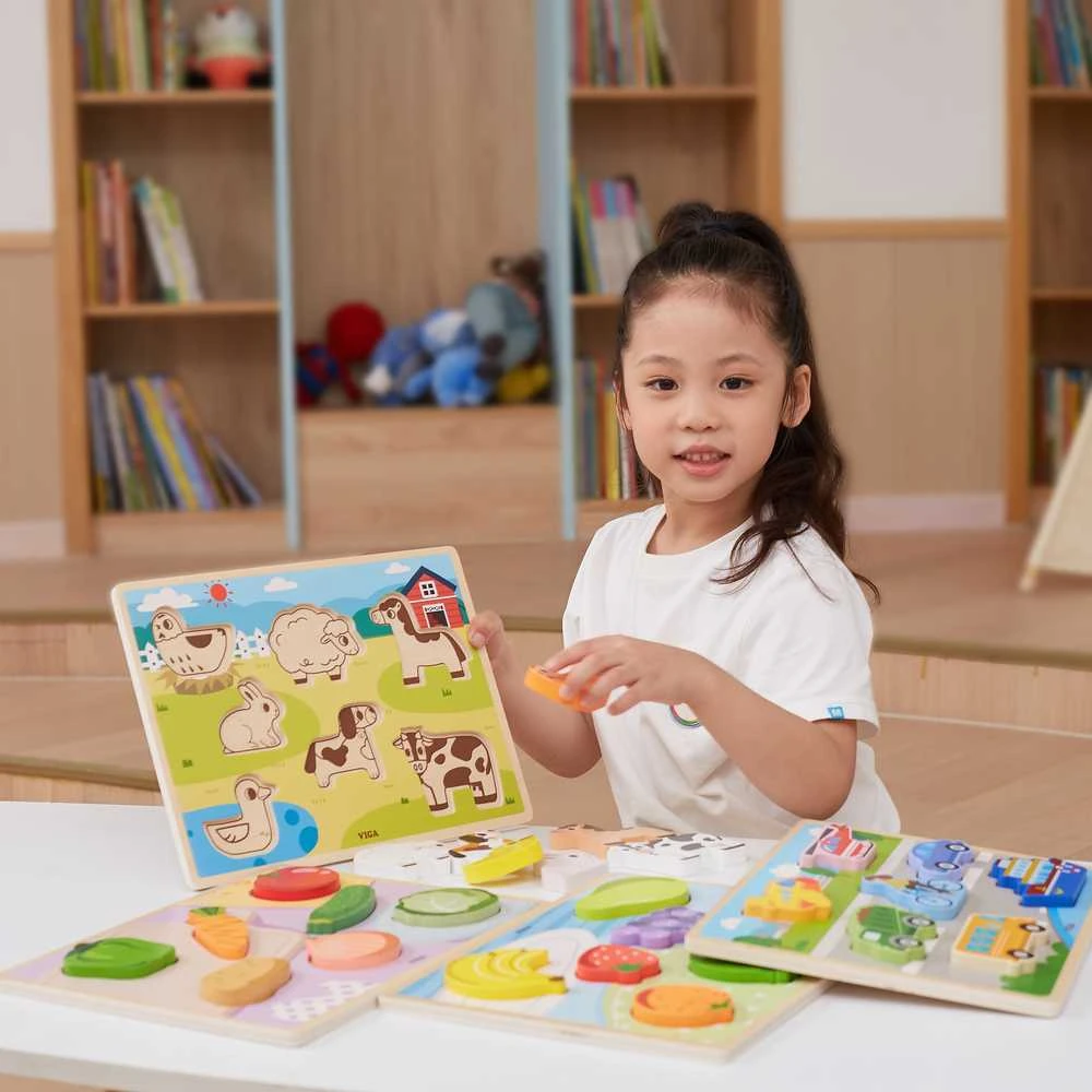 Viga medinė Montessori dėlionė 2in1 Ferma