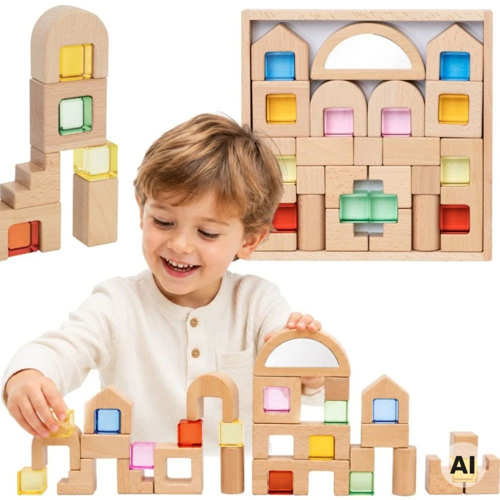 Viga Toys VIGA medinės konstruktoriaus kaladėlės su spalvotais langeliais 32 vnt.