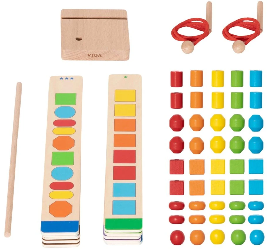 Viga Toys VIGA mediniai karoliukai vėrimo sekos raštams 64 vnt. 3+