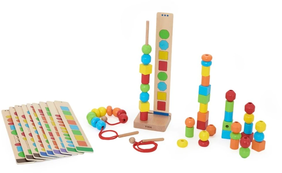 Viga Toys VIGA mediniai karoliukai vėrimo sekos raštams 64 vnt. 3+