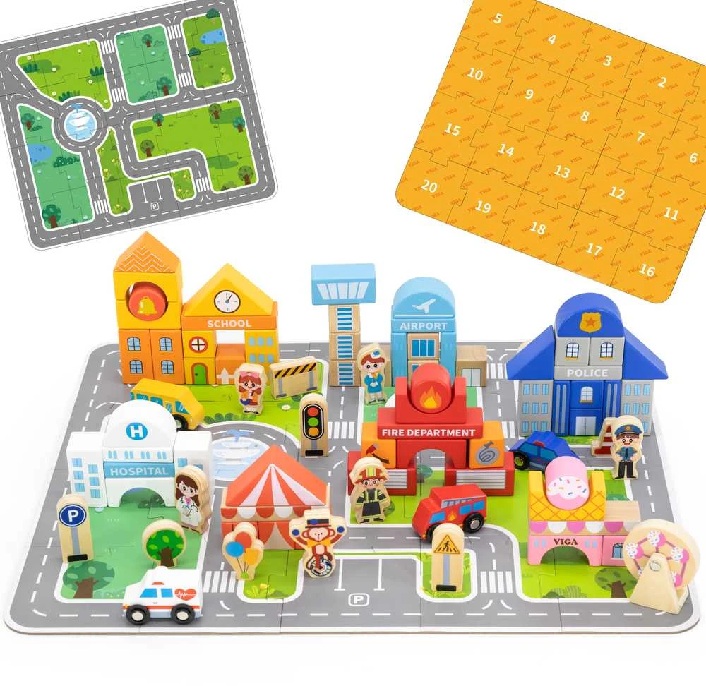 Viga Toys Viga Medinis Miesto Statybos Rinkinys Su Dėžute