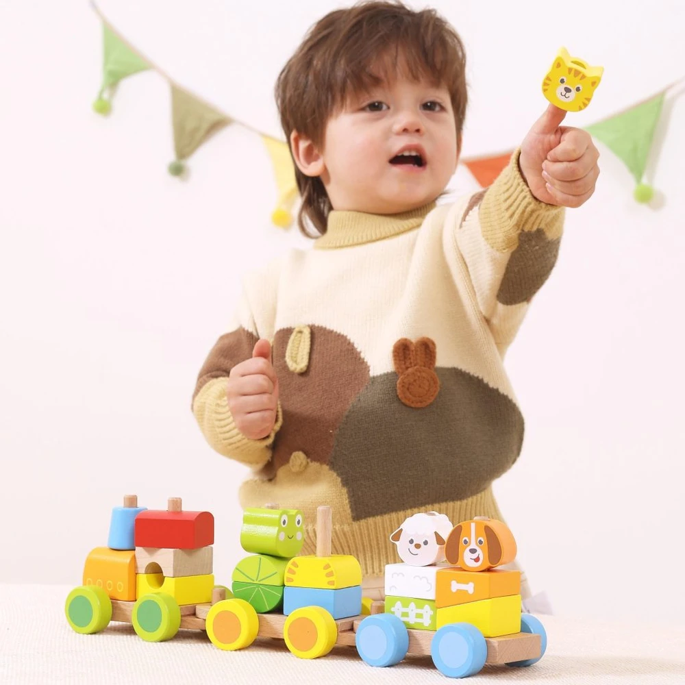 Viga Toys VIGA medinis traukinukas su gyvūnais 18 mėn 17 dalių
