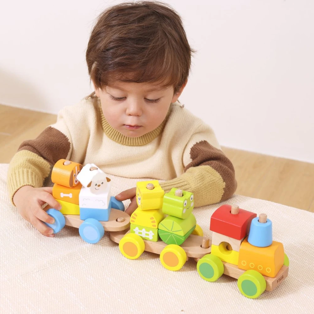 Viga Toys VIGA medinis traukinukas su gyvūnais 18 mėn 17 dalių