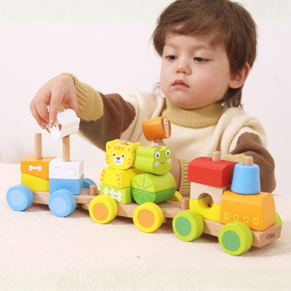 Viga Toys VIGA medinis traukinukas su gyvūnais 18 mėn 17 dalių