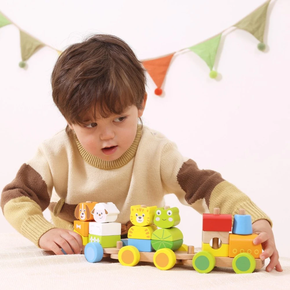 Viga Toys VIGA medinis traukinukas su gyvūnais 18 mėn 17 dalių