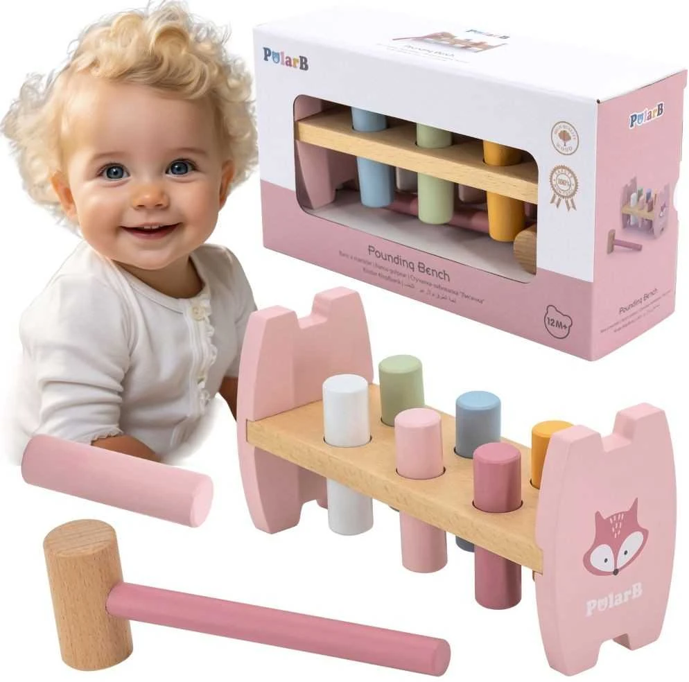 Viga Medinė Paspaudimo Žaislas Su Plaktuku Lapė Montessori