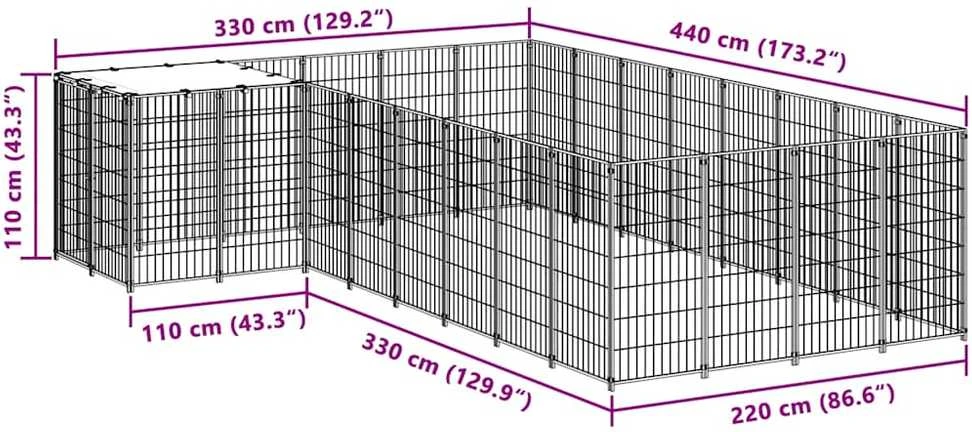 Voljeras šunims, juodos spalvos, 10,89 m², plienas