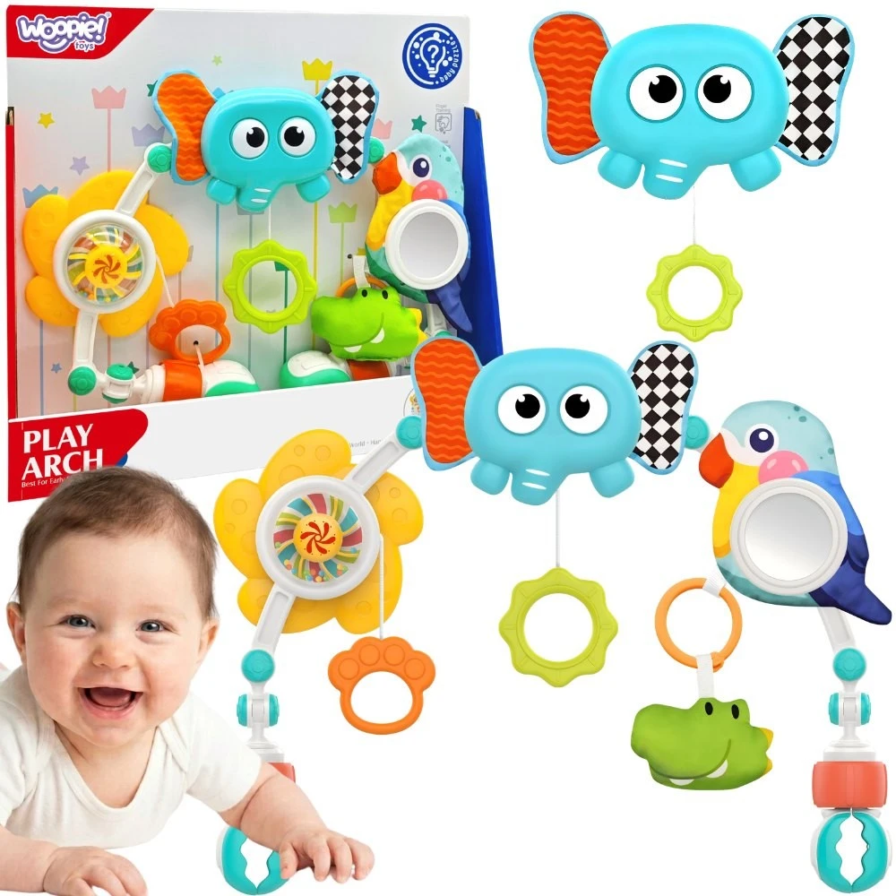 WOOPIE BABY Sensorinė arka su žaislais lovelei ir vežimėliui dramblys papūga