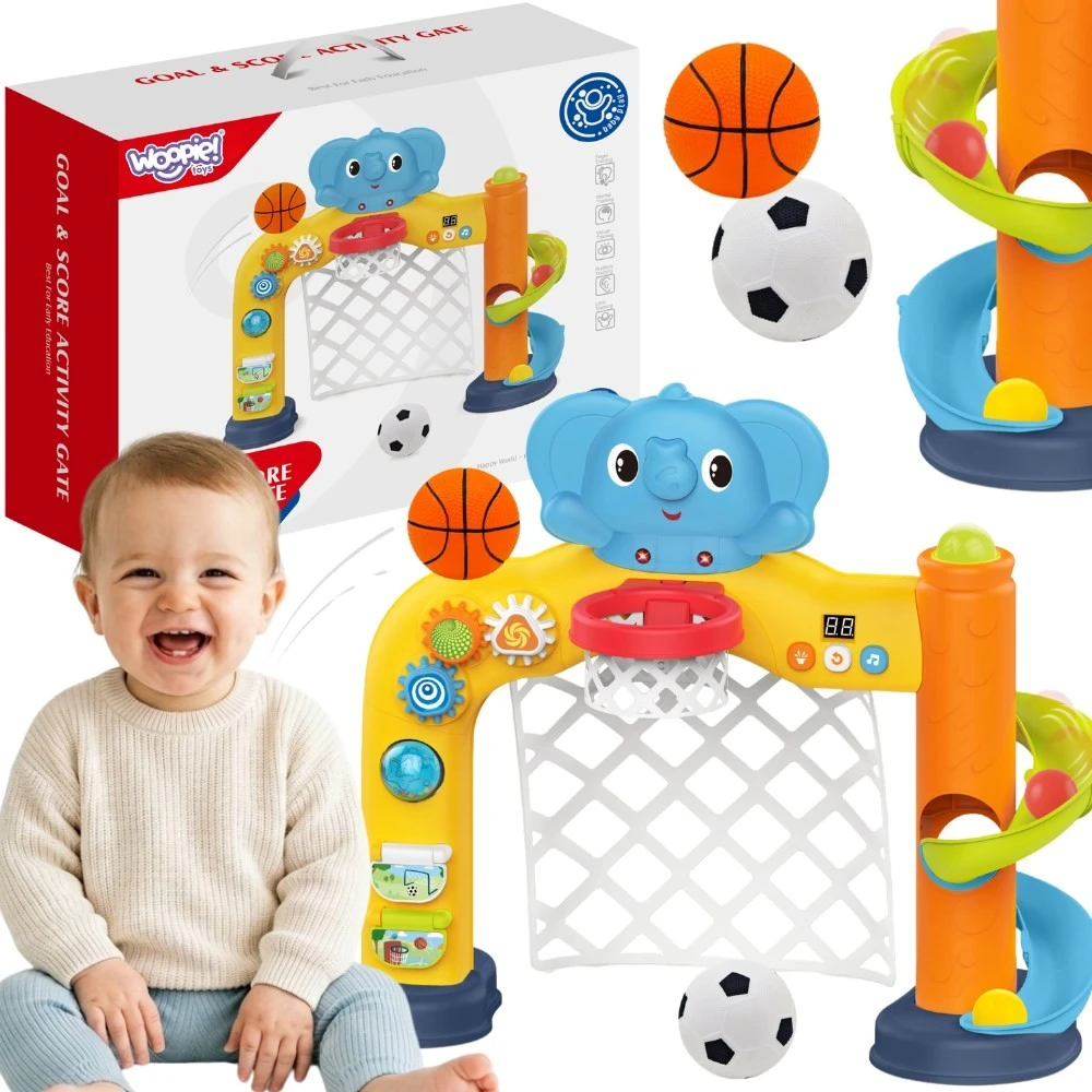Woopie Baby WOOPIE interaktyvus sporto centras 2 in 1 vartai ir krepšys su drambliu