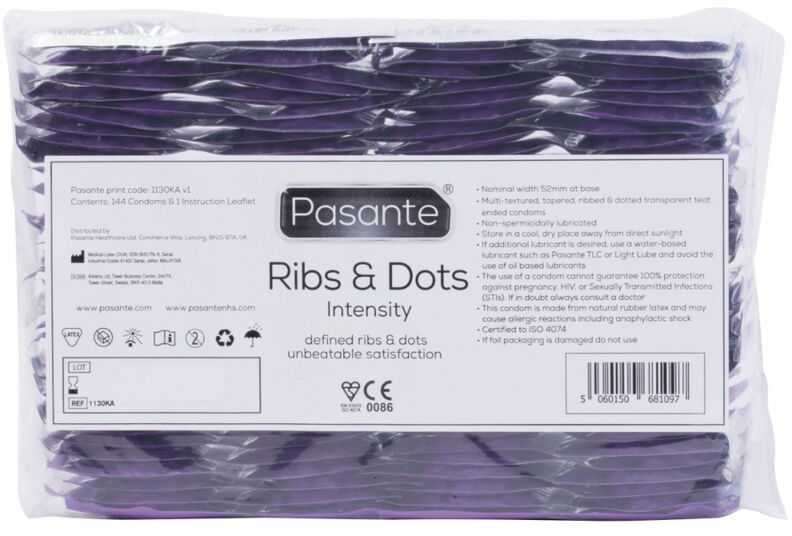 Pasante Healthcare „Pasante Ribs & Dots/Intensity“ prezervatyvai, dideliais kiekiais, 144 vnt.