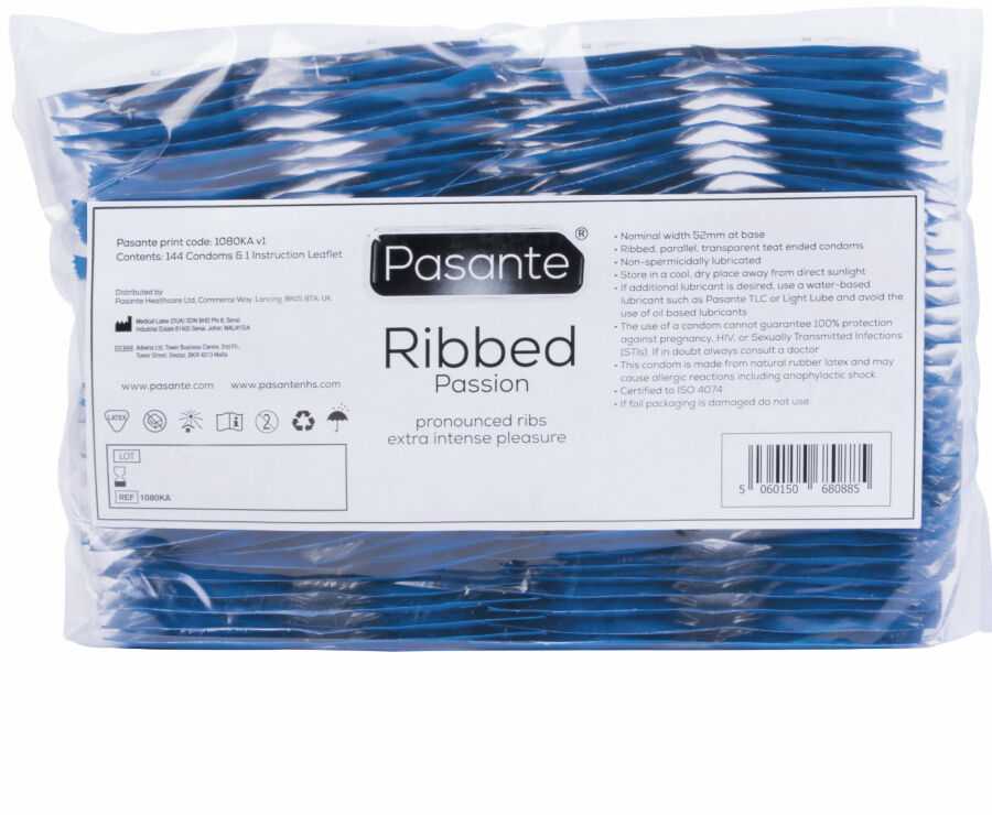 Pasante Healthcare Pasante sveikatos priežiūra<p> „Pasante Ribbed/Passion“ didelių gabaritų pakuotė (144 vnt.)</p>