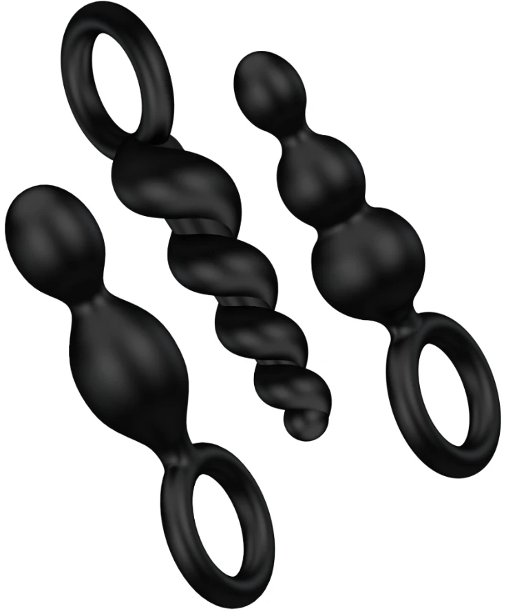 „Satisfyer Booty Call“ analinių kamštukų rinkinys su stimuliuojančia Juodo struktūra