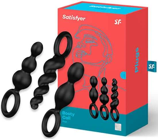 „Satisfyer Booty Call“ analinių kamštukų rinkinys su stimuliuojančia Juodo struktūra
