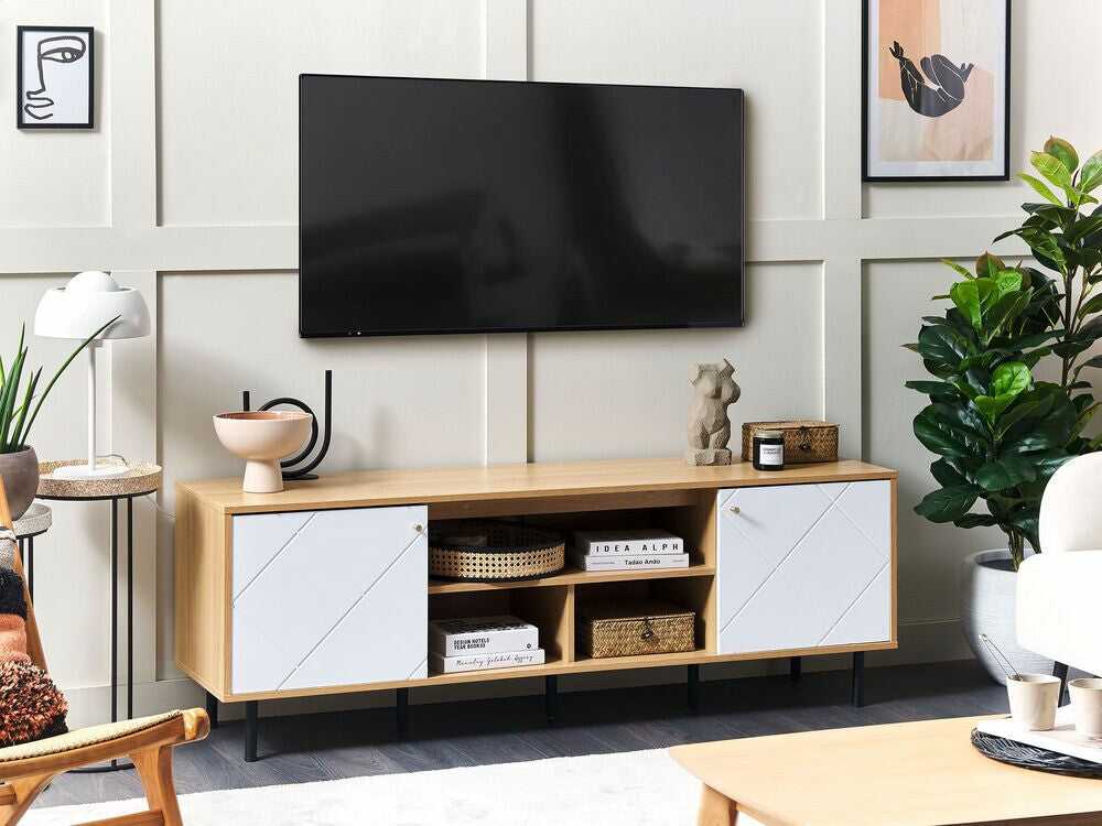 Beliani TV staliukas TV Stand Šviesi Medis with Balta PALMER 317638 Spalva: Šviesus medis + Balta