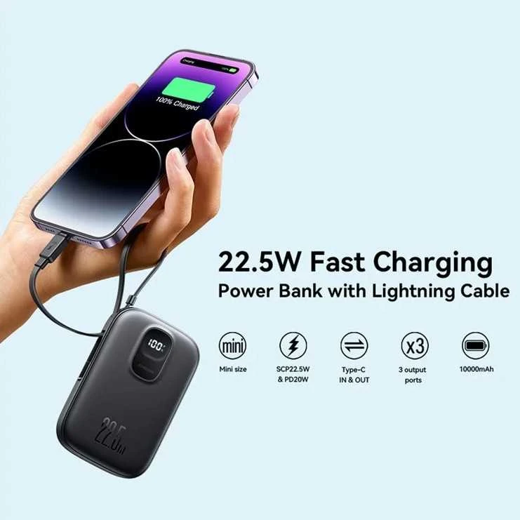 Išorinė baterija Power Bank Joyroom JR-PBF18 22.5W with Lightning cable 10000mAh juoda