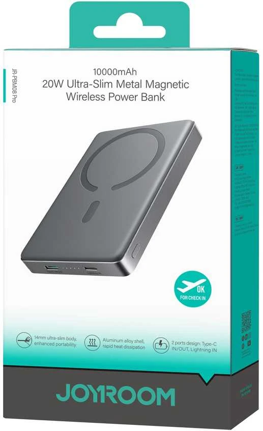 Dėklas Joyroom "JR-PBM08 Pro" pilka 10000mAh (Wireless Charge 15W / PD 20W)
