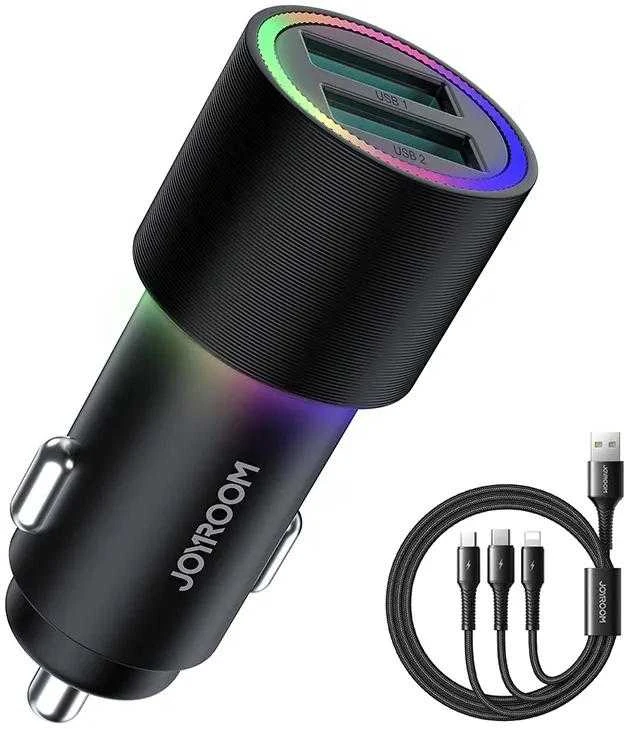 Įkroviklis automobilinis Joyroom JR-CL10 LED 2xUSB 24W + 3in1 USB Type-C/microUSB/Lightning 1.2m juodas