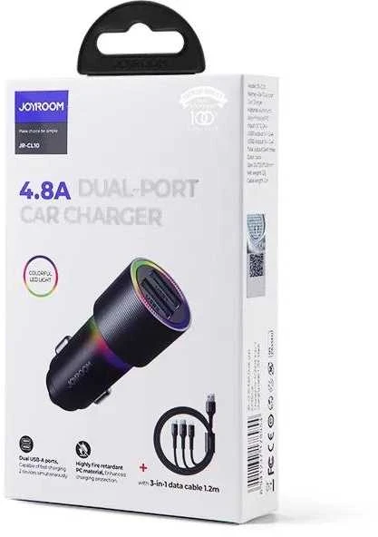 Įkroviklis automobilinis Joyroom JR-CL10 LED 2xUSB 24W + 3in1 USB Type-C/microUSB/Lightning 1.2m juodas