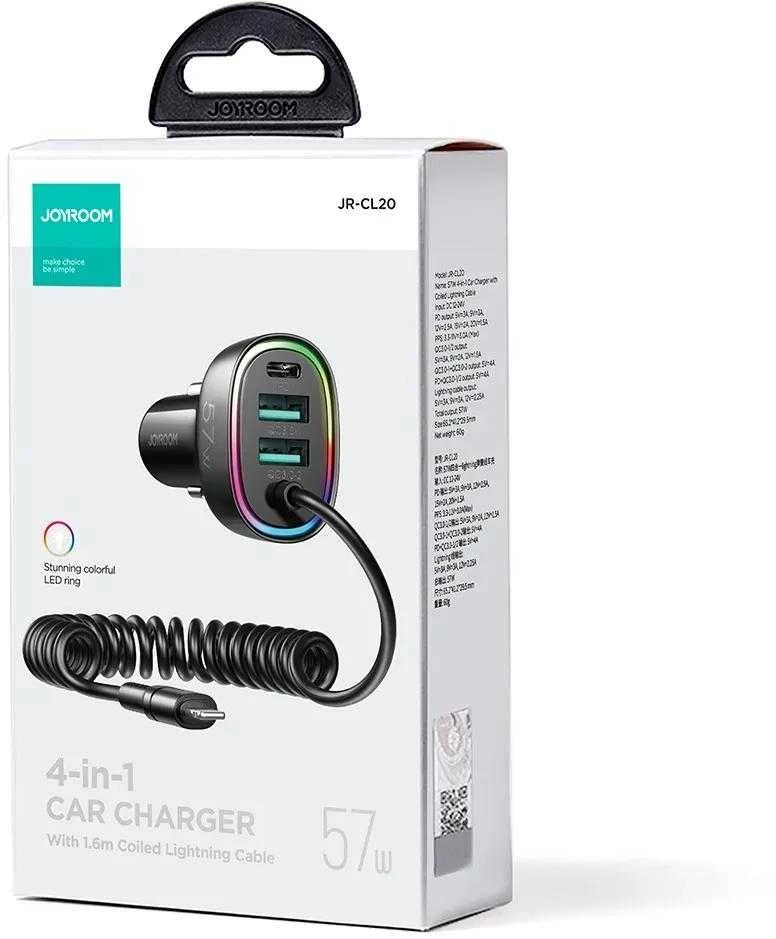 Automobilinis įkroviklis Joyroom JR-CL20, 2x USB + 2x Lightning, 57W + Lightning laidas (juodas)