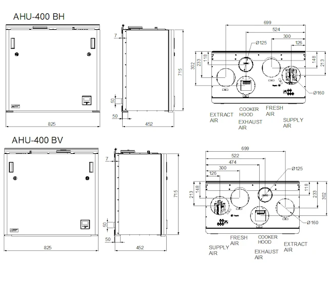 Rekuperatorius ENSY AHU-400BV, kairinis, vertikalus 470m³/h. Komplekte valdiklis+WI-FI. aprašymas - Prekės nuotrauka