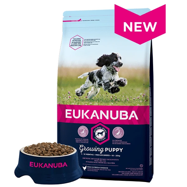 Eukanuba šuniukų ir jaunų vidutinių veislių sausas sausas maistas šuniukams ir mažiems vaikams (18 kg)