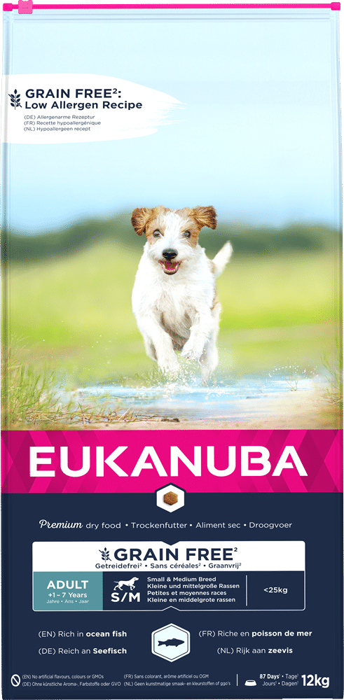 Eukanuba GF sausas pašaras mažų ir vidutinių veislių šunims su žuvimi, S/M, 12 kg