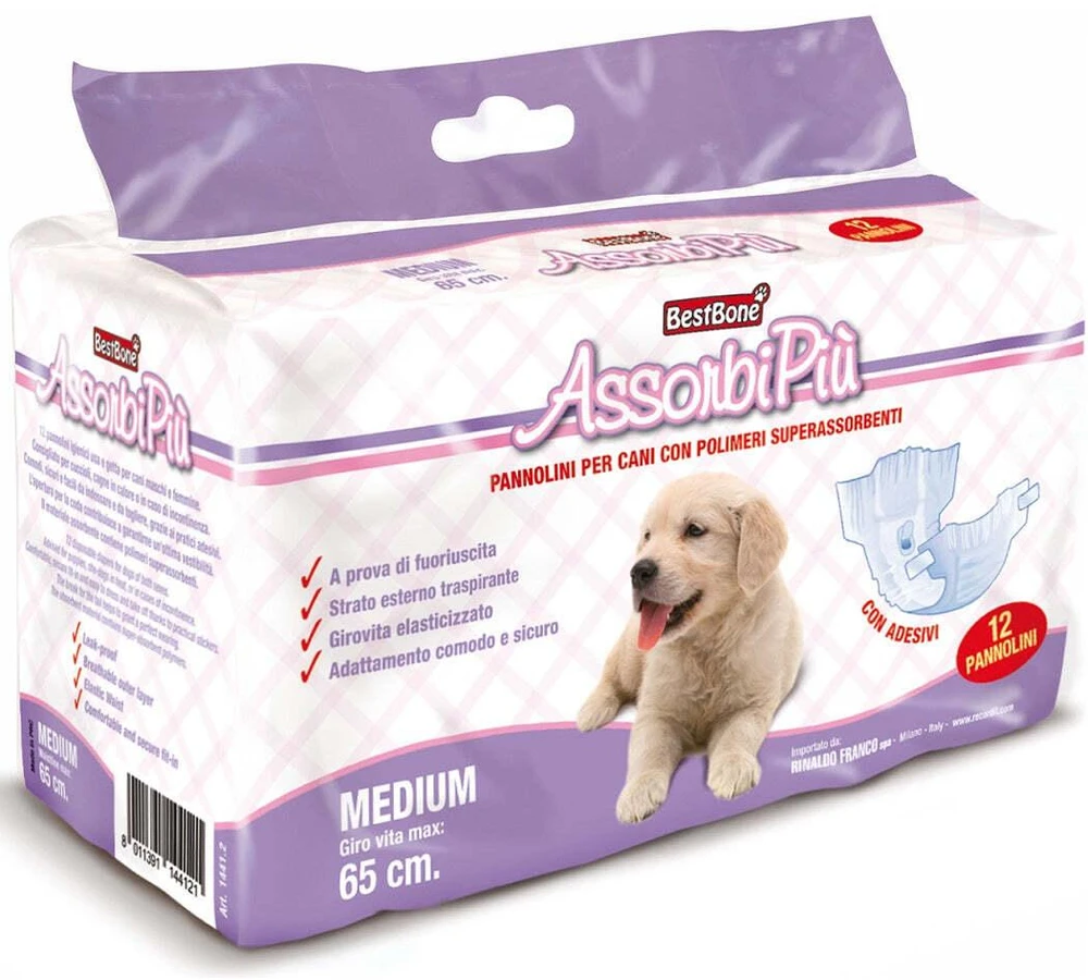 BestBone AssonbiPi Dog Diapers – Vidutinio dydžio, nepralaidūs vienkartiniai vystyklai, 12 vnt. pakuotė
