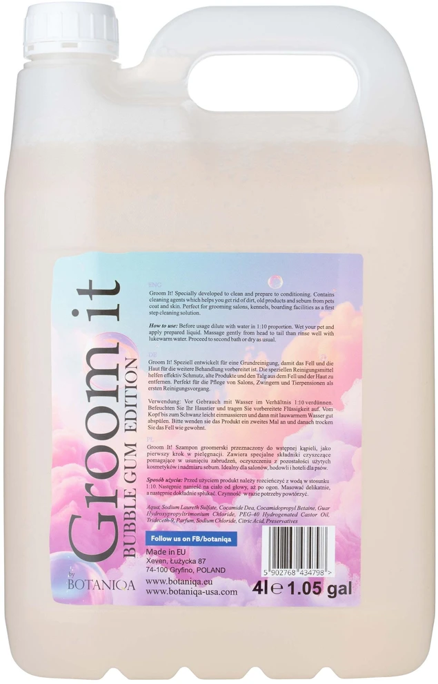 Botaniqa Groom It Šampūnas Bubble Gum – Švelni valomoji formulė su burbuliukų gumos kvapu, 4L