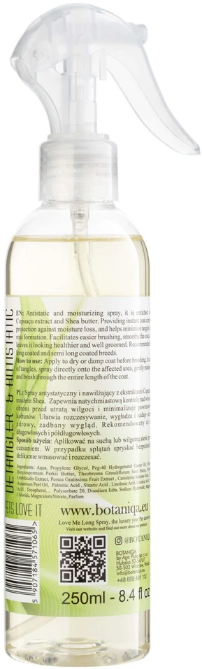 Botaniqa Love Me Long antistatinis purškiklis kailiui 250ml – kailį glotninanti ir vėlimąsi mažinanti priemonė