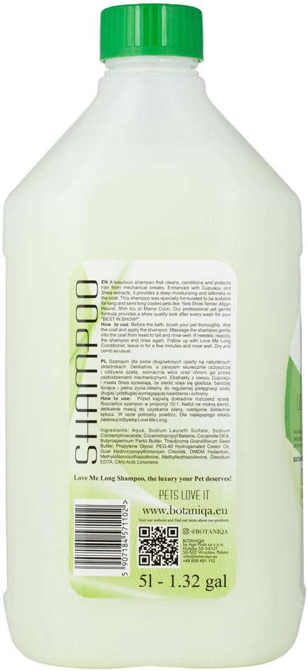 Botaniqa Love Me Long Cupuacu & Shea šampūnas – maitinamoji formulė ilgam kailiui, 5 l