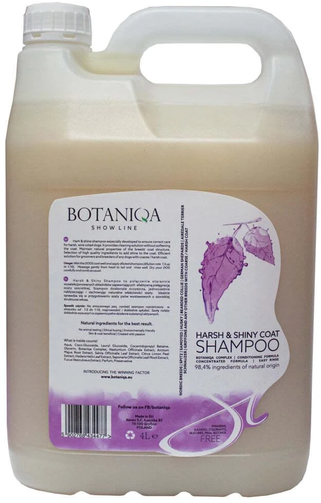 Botaniqa Show Line Harsh & Shiny Coat Šampūnas – 4L, Stiprina tekstūra ir blizgesys šiurkščiam kailiui