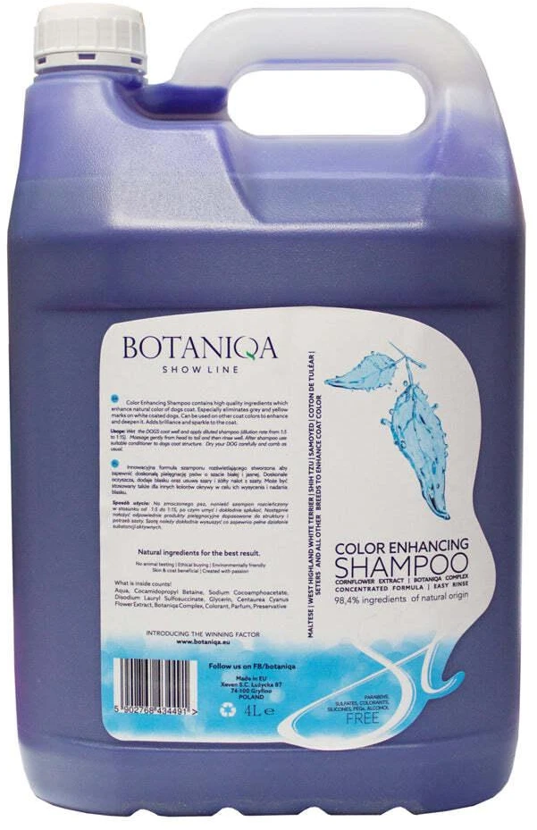 Botaniqa Show Line spalvą paryškinantis šampūnas – šviesinanti formulė baltiems ir šviesiems kailiams, 4L