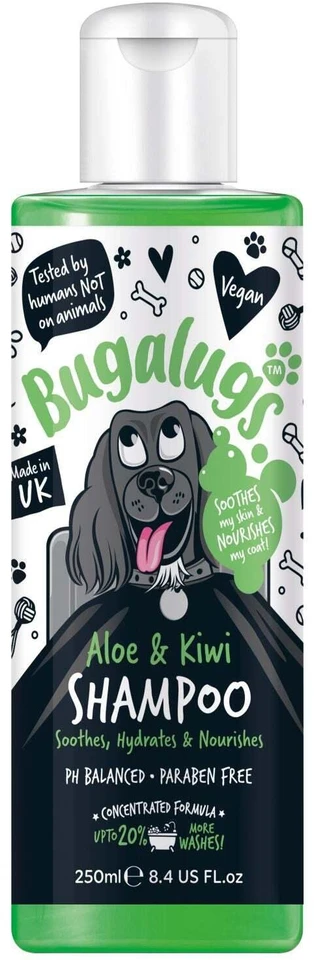 Bugalugs Alavijo ir Kivių šampūnas – raminantis drėkinamasis koncentratas, 1:10 praskiedimas, 250 ml buteliukas